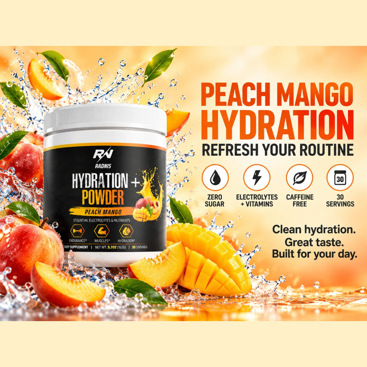 RADNIS Peach Mango Hydration Powder electrolyte supplement container, 30 servings