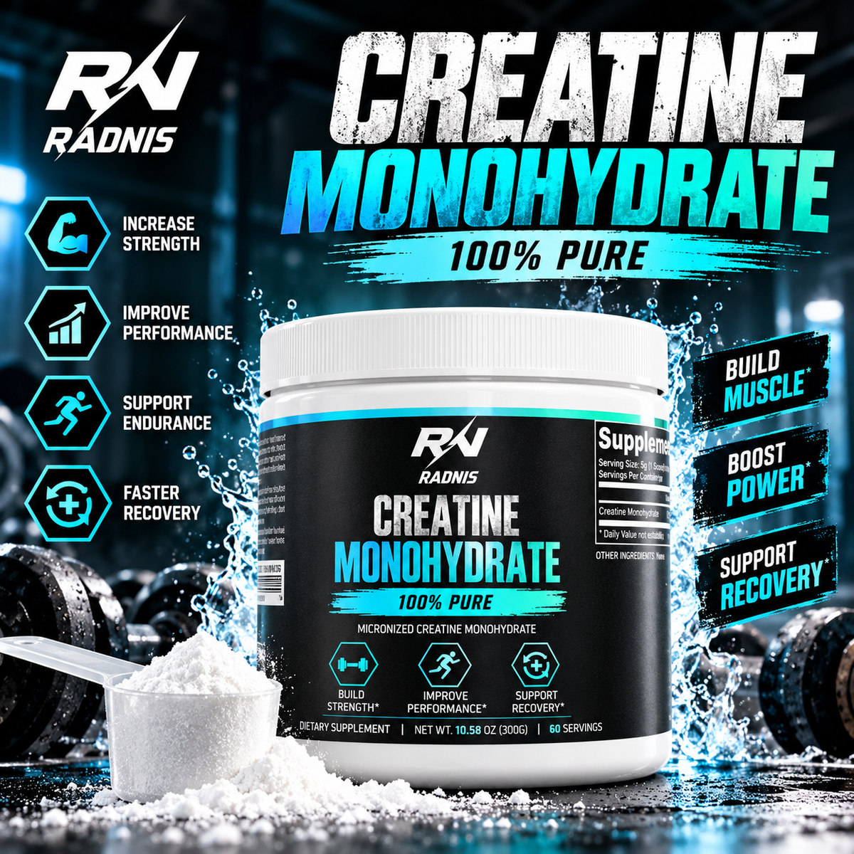RADNIS Creatine Monohydrate unflavored powder supplement container, 250 g